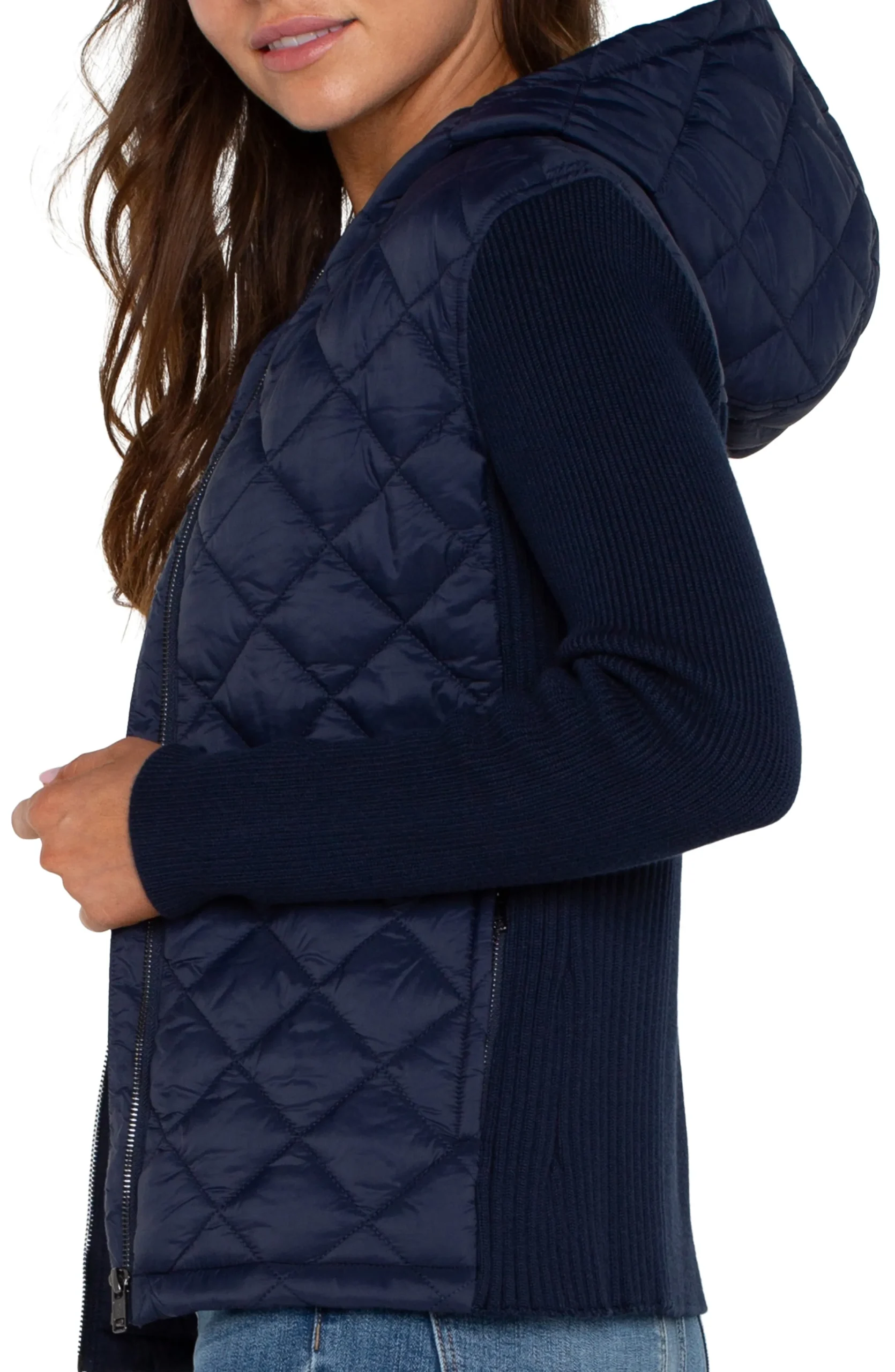 Liverpool Los Angeles Jackets-QUILTED FRONT FULL ZIP HOODED SWEATER Darknavy