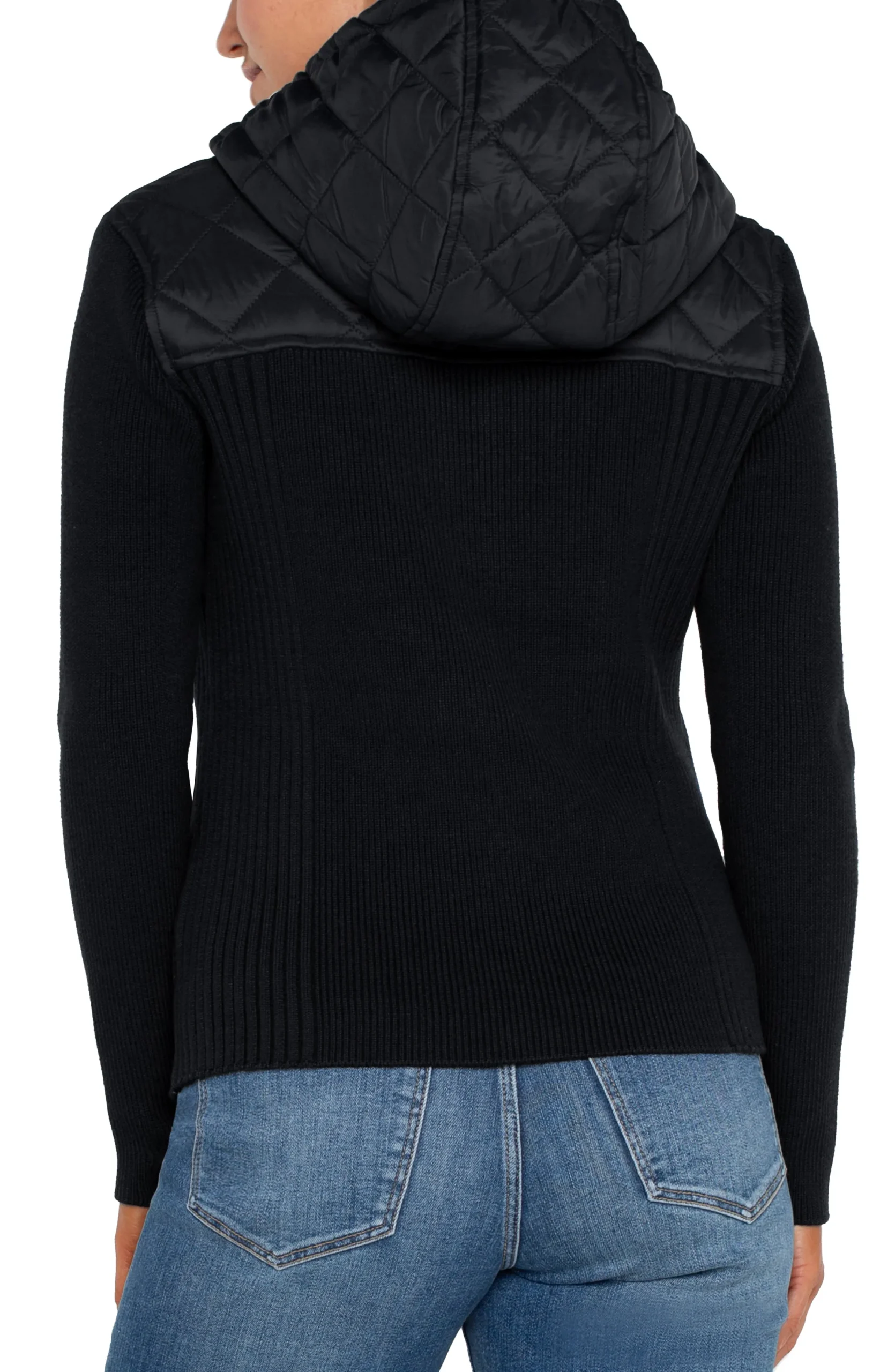 Liverpool Los Angeles Jackets-QUILTED FRONT FULL ZIP HOODED SWEATER Black