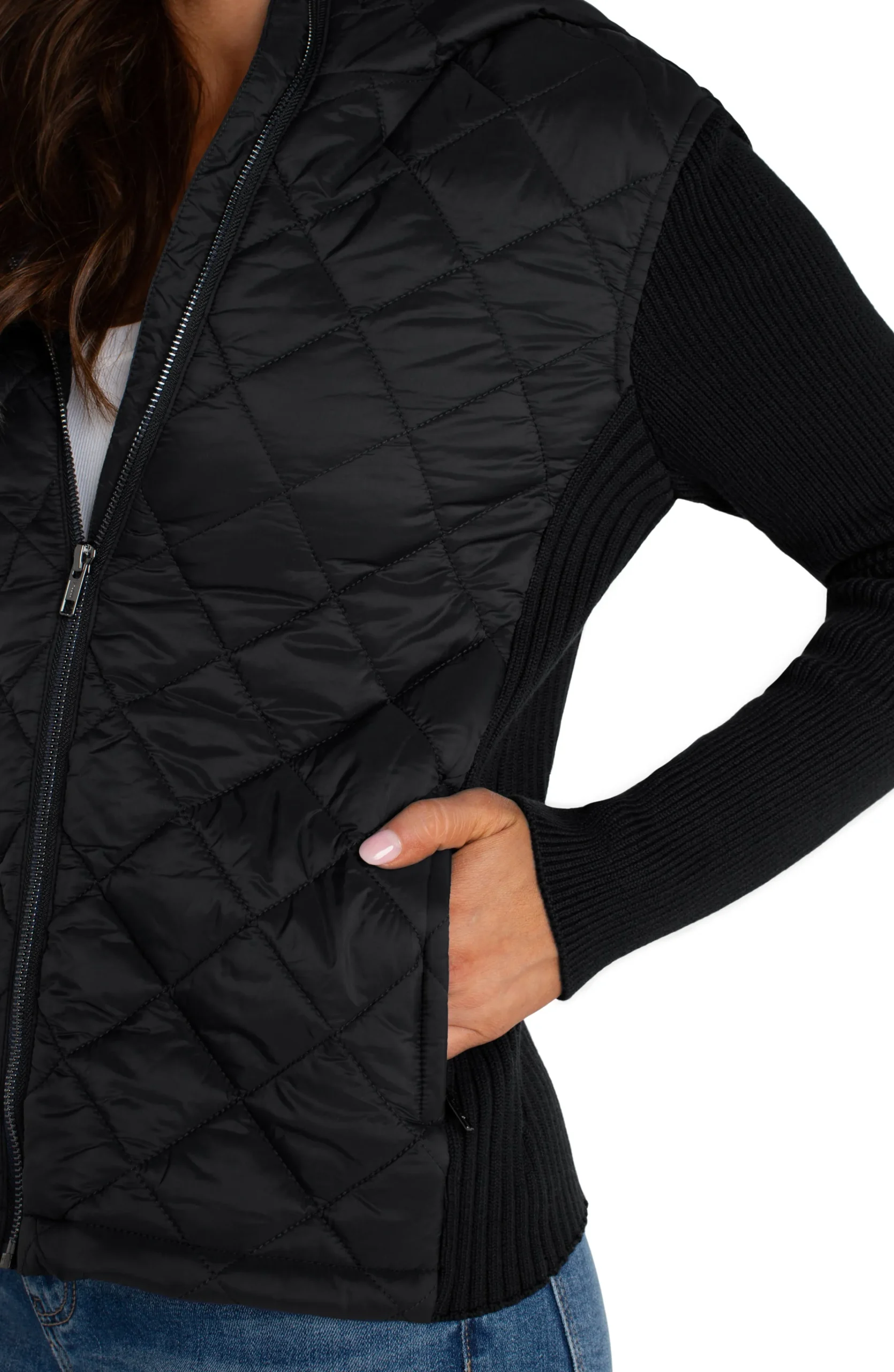 Liverpool Los Angeles Jackets-QUILTED FRONT FULL ZIP HOODED SWEATER Black