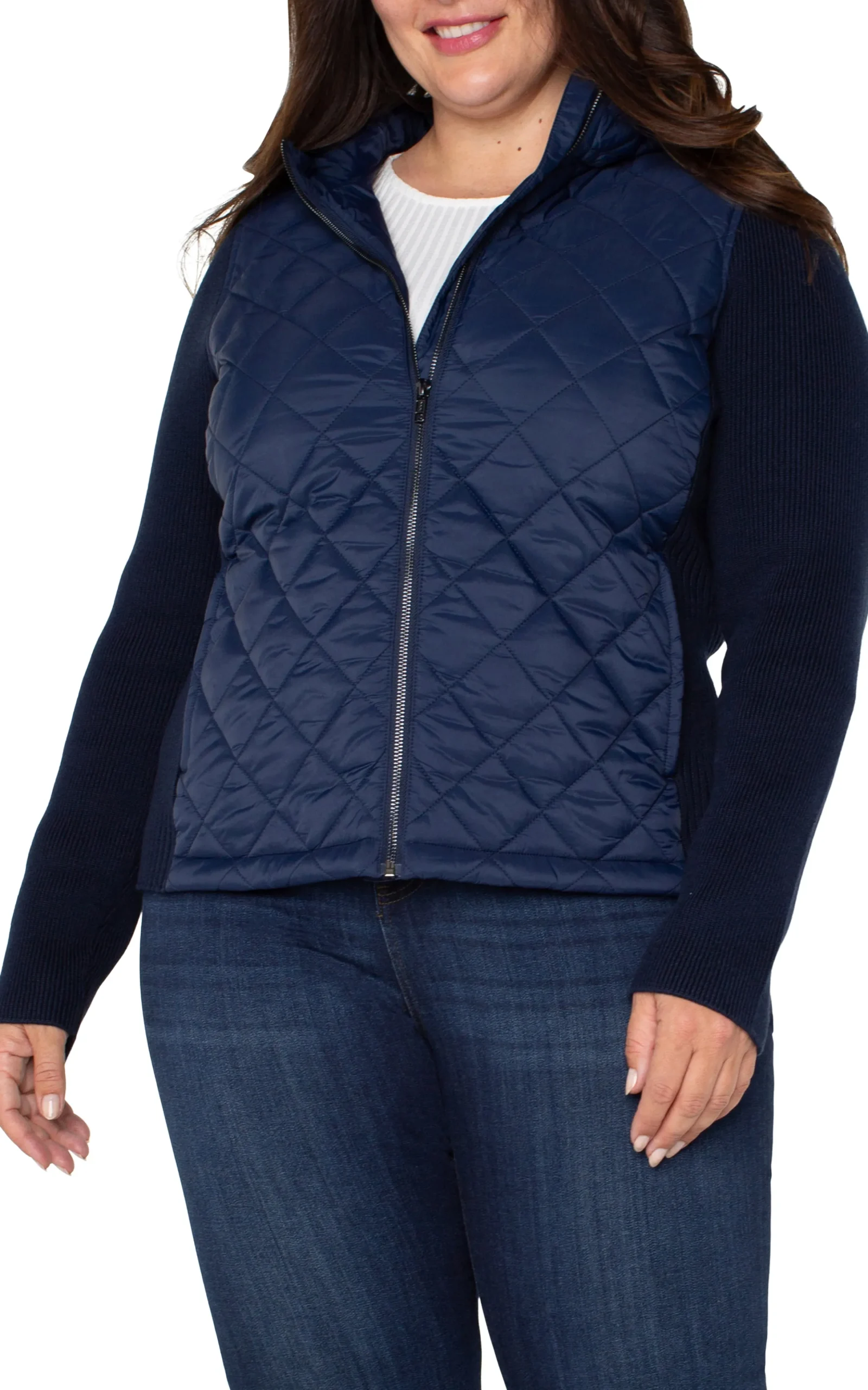 Liverpool Los Angeles Jackets-QUILTED FRONT FULL ZIP HOODED SWEATER Darknavy