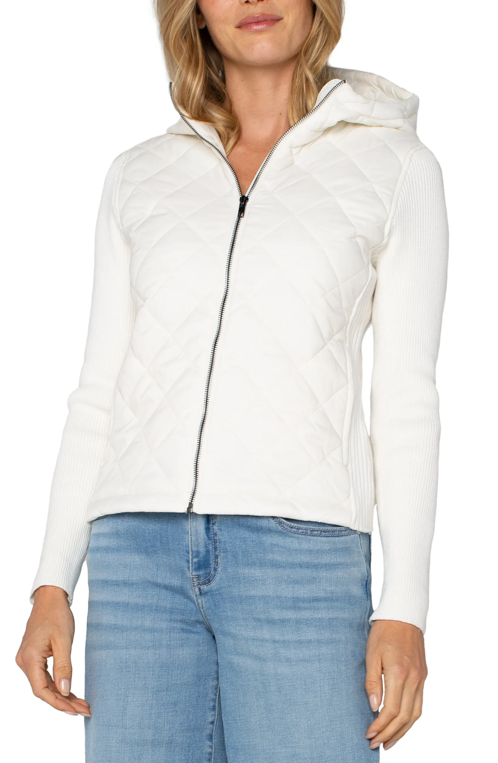 Liverpool Los Angeles Jackets-QUILTED FRONT FULL ZIP HOODED SWEATER Porcelain