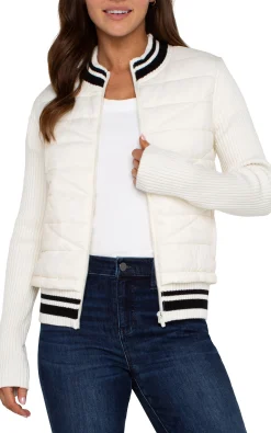 Liverpool Los Angeles Jackets-QUILTED FRONT FULL ZIP SWEATER Porcelain