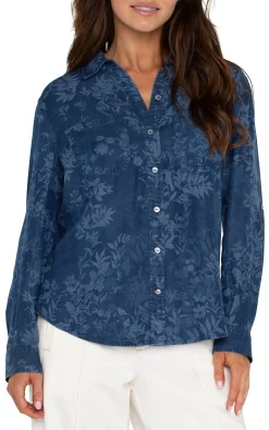 Liverpool Los Angeles Tops-ROLLED SLEEVE BUTTON DOWN SHIRT Indigofloral