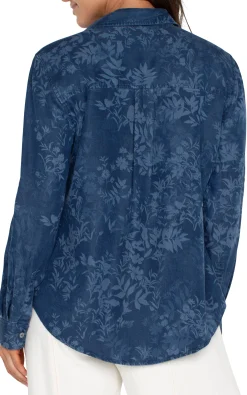 Liverpool Los Angeles Tops-ROLLED SLEEVE BUTTON DOWN SHIRT Indigofloral