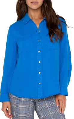 Liverpool Los Angeles Tops-ROLLED SLEEVE BUTTON DOWN WOVEN SHIRT Bluetopaz
