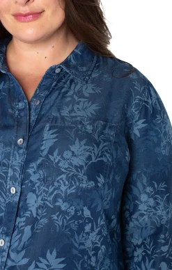 Liverpool Los Angeles Tops-ROLLED SLEEVE BUTTON DOWN SHIRT Indigofloral