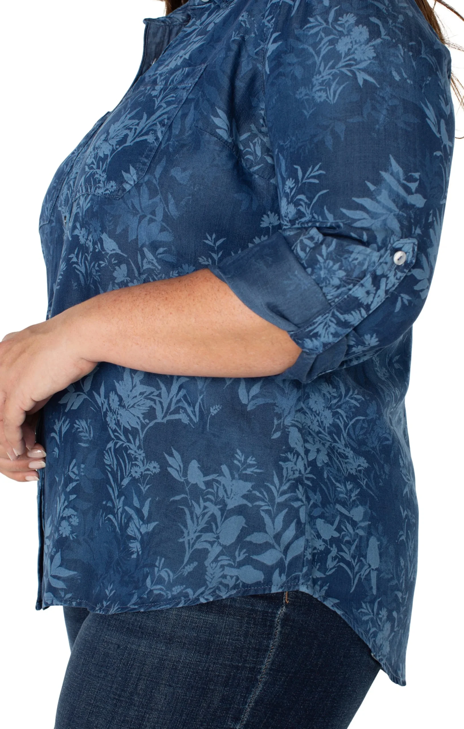 Liverpool Los Angeles Tops-ROLLED SLEEVE BUTTON DOWN SHIRT Indigofloral
