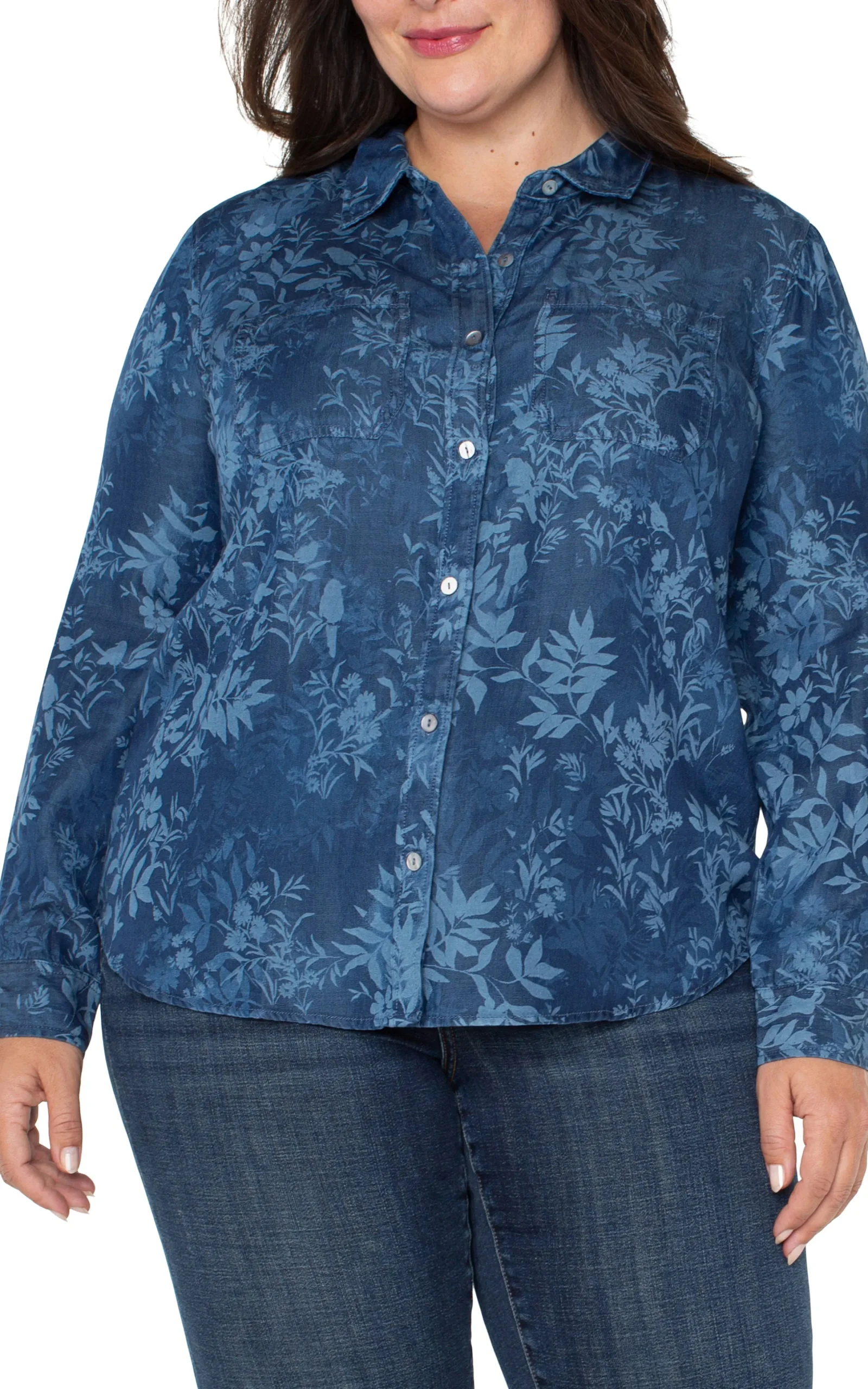 Liverpool Los Angeles Tops-ROLLED SLEEVE BUTTON DOWN SHIRT Indigofloral