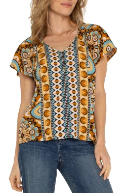 Liverpool Los Angeles Tops|Tops-SHORT FLUTTER SLEEVE RAGLAN WOVEN TOP Oceanjaspermulti