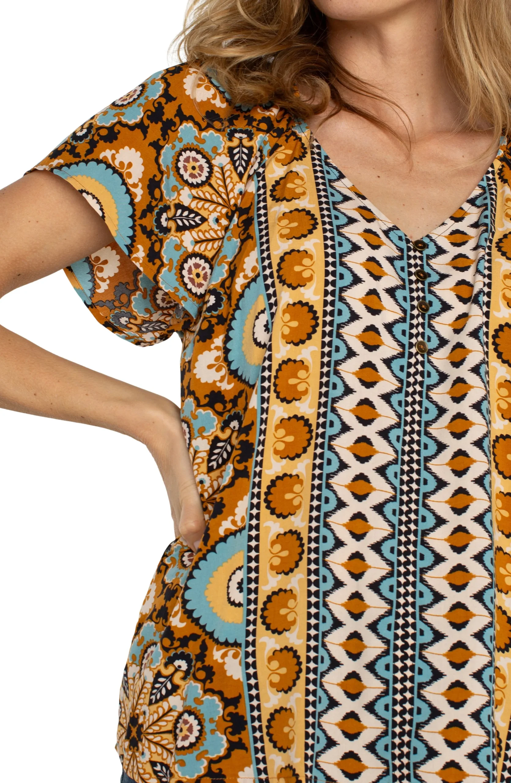 Liverpool Los Angeles Tops|Tops-SHORT FLUTTER SLEEVE RAGLAN WOVEN TOP Oceanjaspermulti