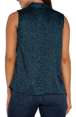 Liverpool Los Angeles Tops-SLEEVELESS PLEATED NECK WOVEN BLOUSE Navymalachitedot