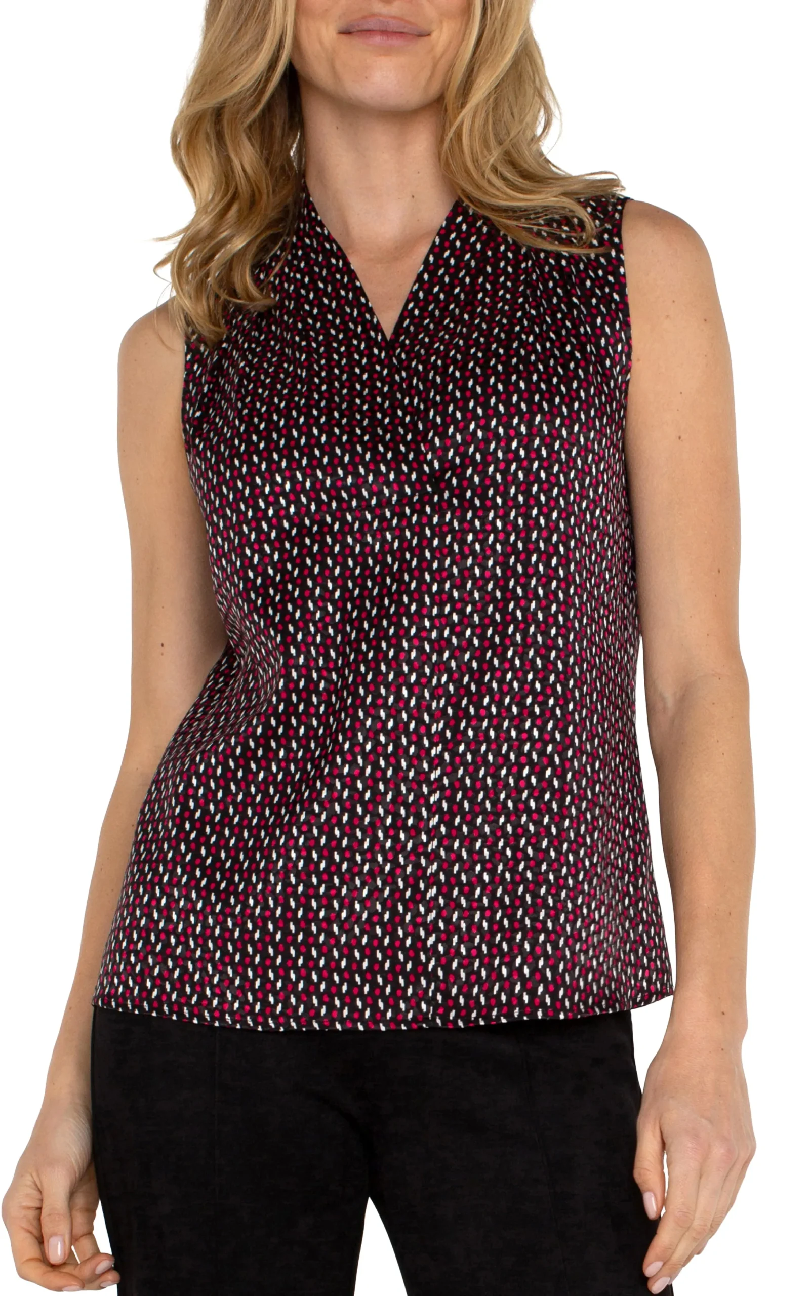 Liverpool Los Angeles Tops|Tops-SLEEVELESS PLEATED NECK WOVEN BLOUSE Starrubydot