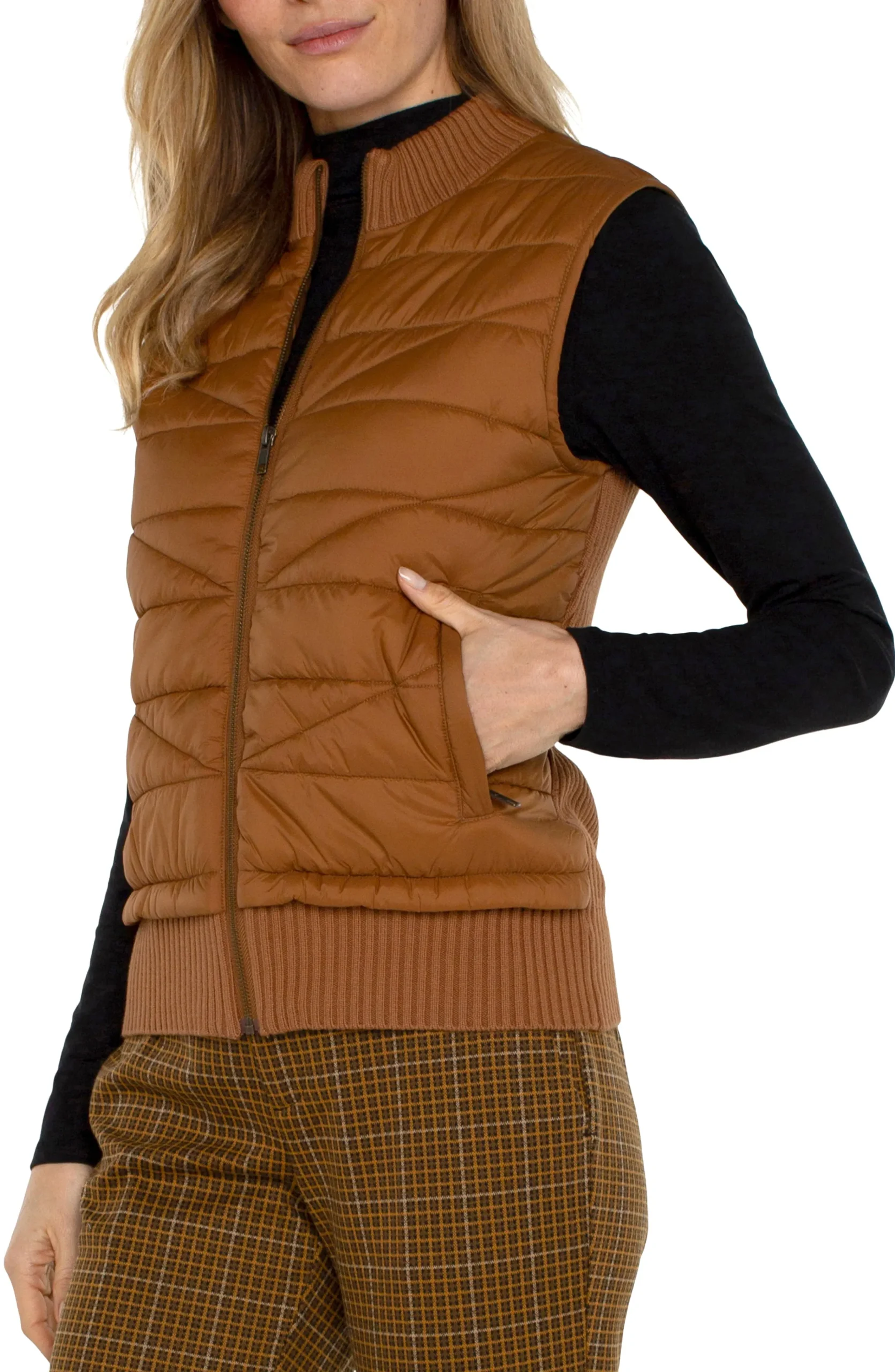 Liverpool Los Angeles Jackets-SLEEVELESS QUILTED FULL ZIP SWEATER VEST Turmeric