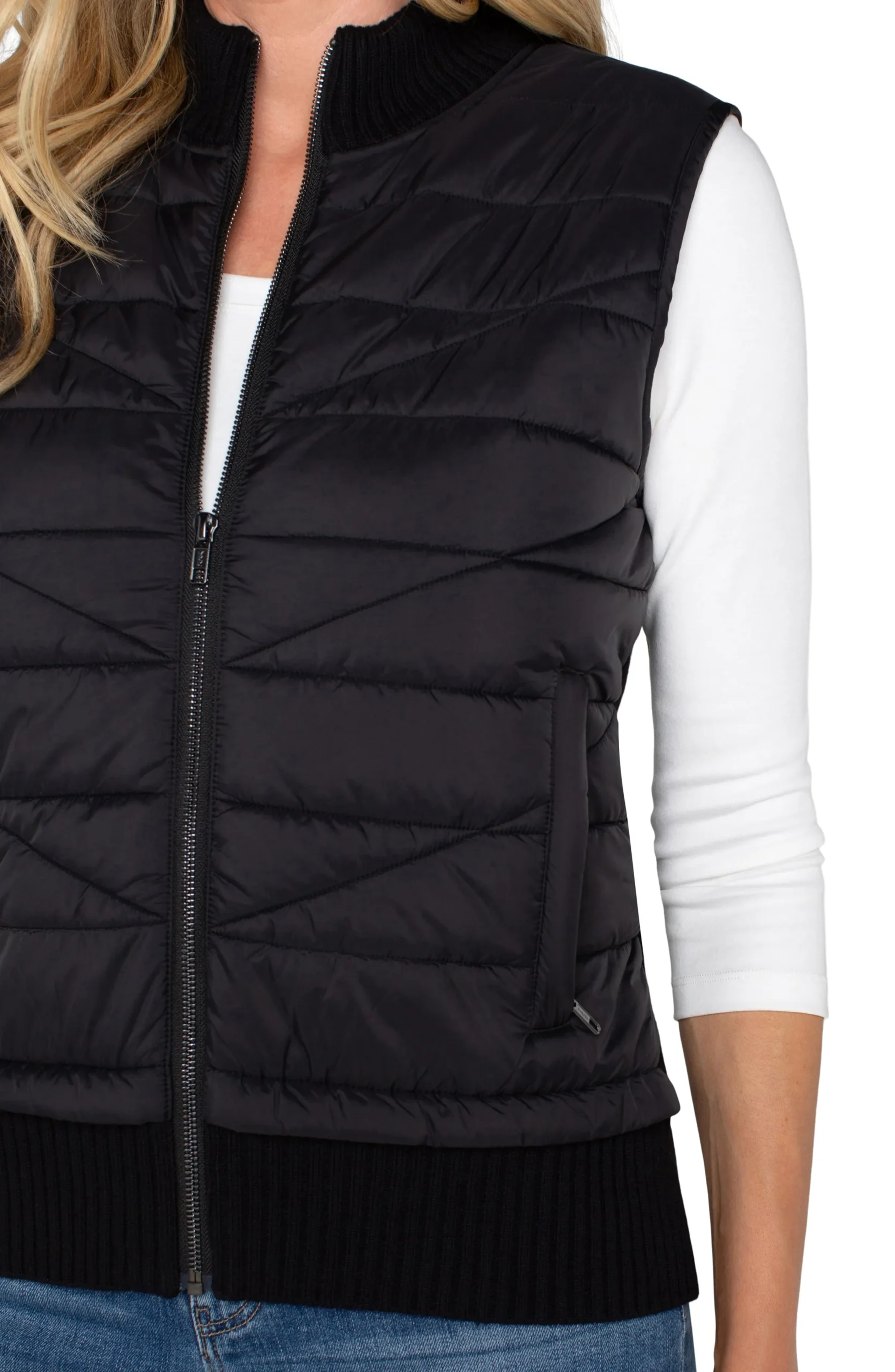 Liverpool Los Angeles Jackets-SLEEVELESS QUILTED FULL ZIP SWEATER VEST Black