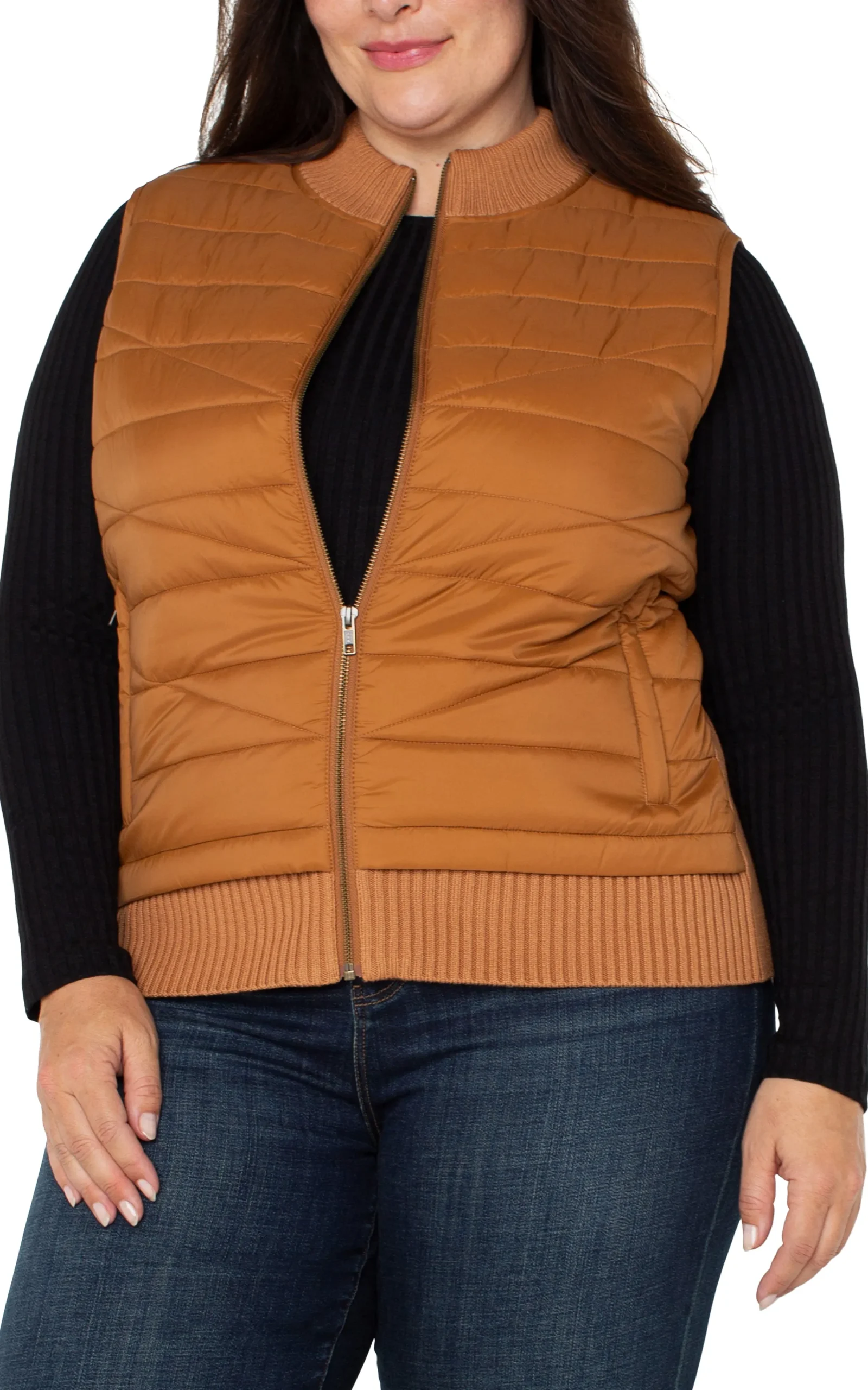 Liverpool Los Angeles Jackets-SLEEVELESS QUILTED FULL ZIP SWEATER VEST Turmeric