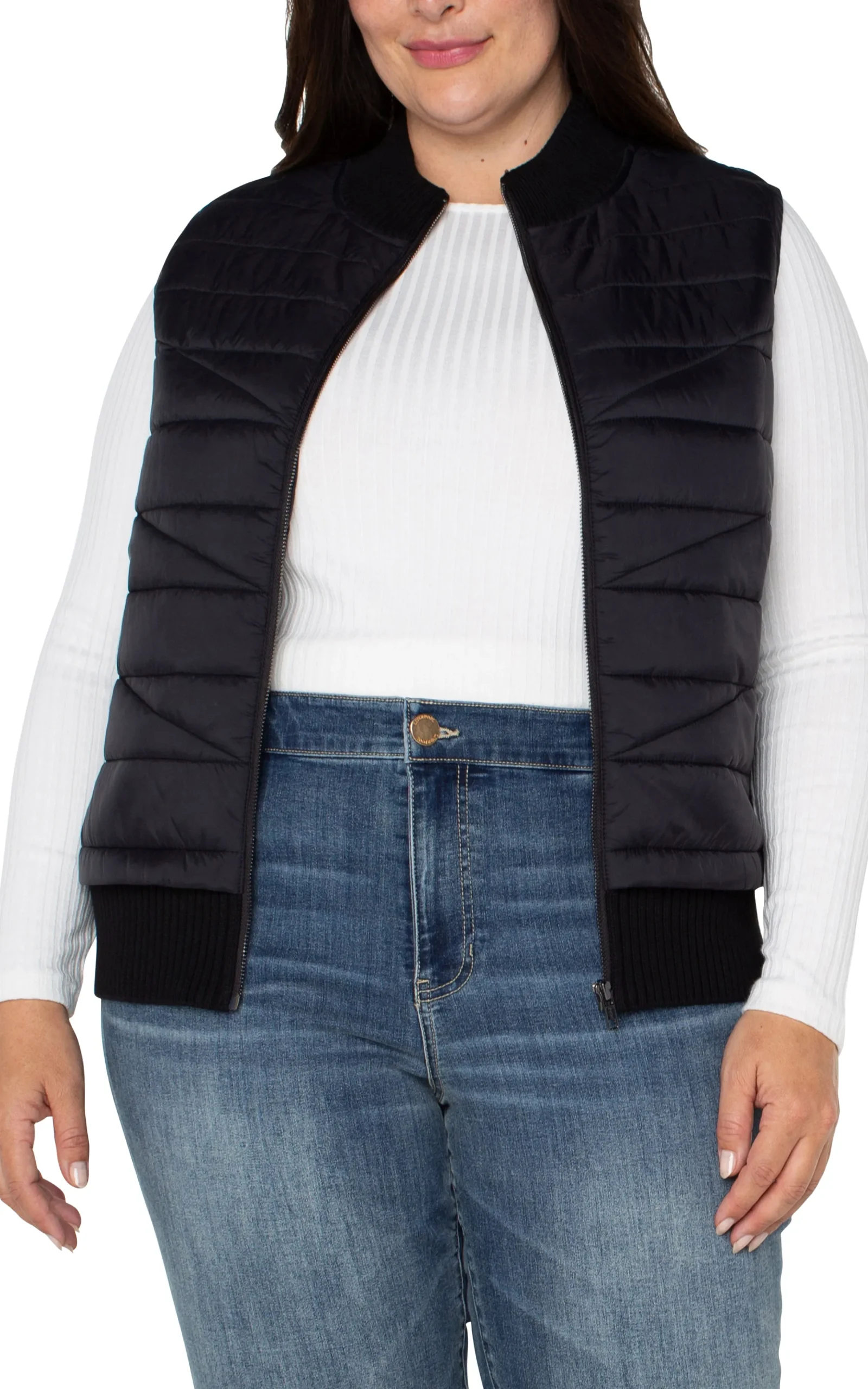 Liverpool Los Angeles Jackets-SLEEVELESS QUILTED FULL ZIP SWEATER VEST Black