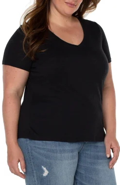Liverpool Los Angeles Tops-SLIM FIT V-NECK SLUB KNIT TEE Black