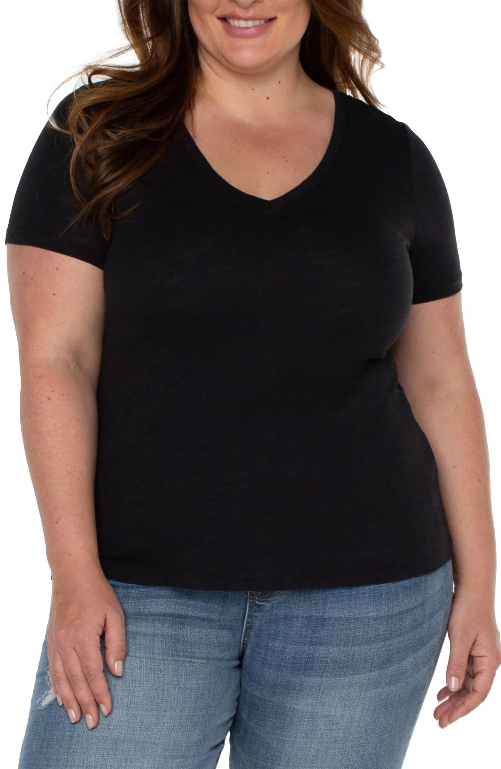 Liverpool Los Angeles Tops-SLIM FIT V-NECK SLUB KNIT TEE Black