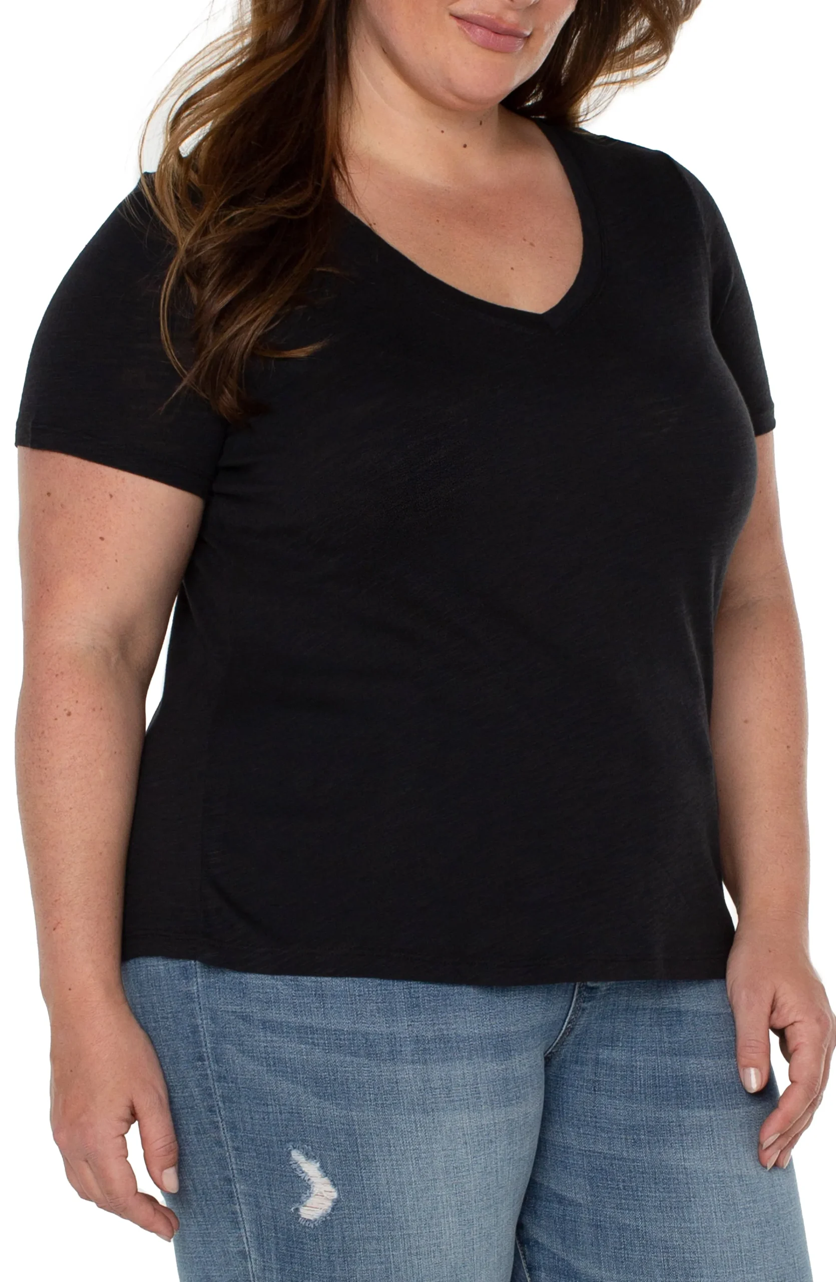 Liverpool Los Angeles Tops-SLIM FIT V-NECK SLUB KNIT TEE Black