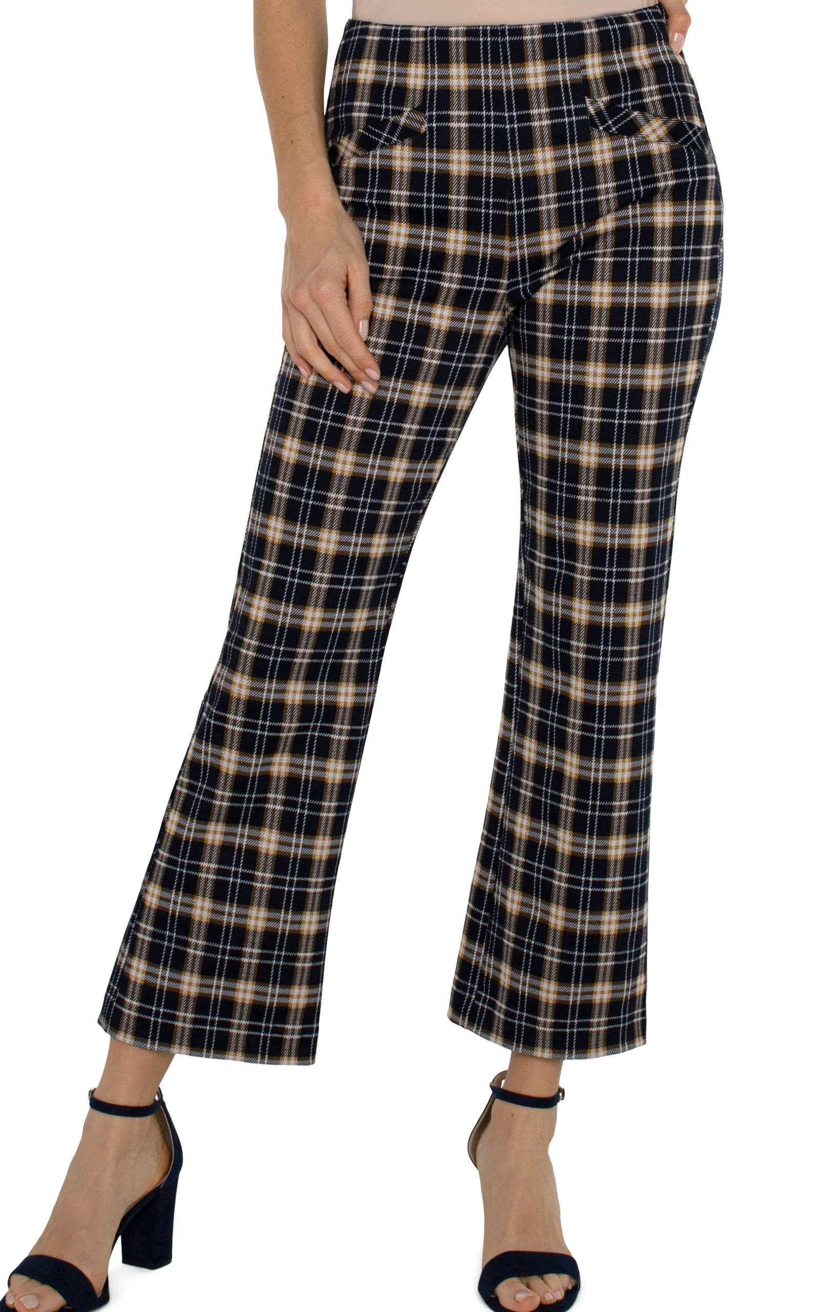 Liverpool Los Angeles Pants|Knit Pull-On-STELLA KICK FLARE WITH WELT POCKETS Darknavytartanplaid