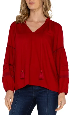 Liverpool Los Angeles Tops-TIE FRONT POPOVER SHIRRED BLOUSE Carnelianred
