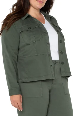 Liverpool Los Angeles Jackets-TRUCKER JACKET WITH PEPLUM HEM Mossgreen