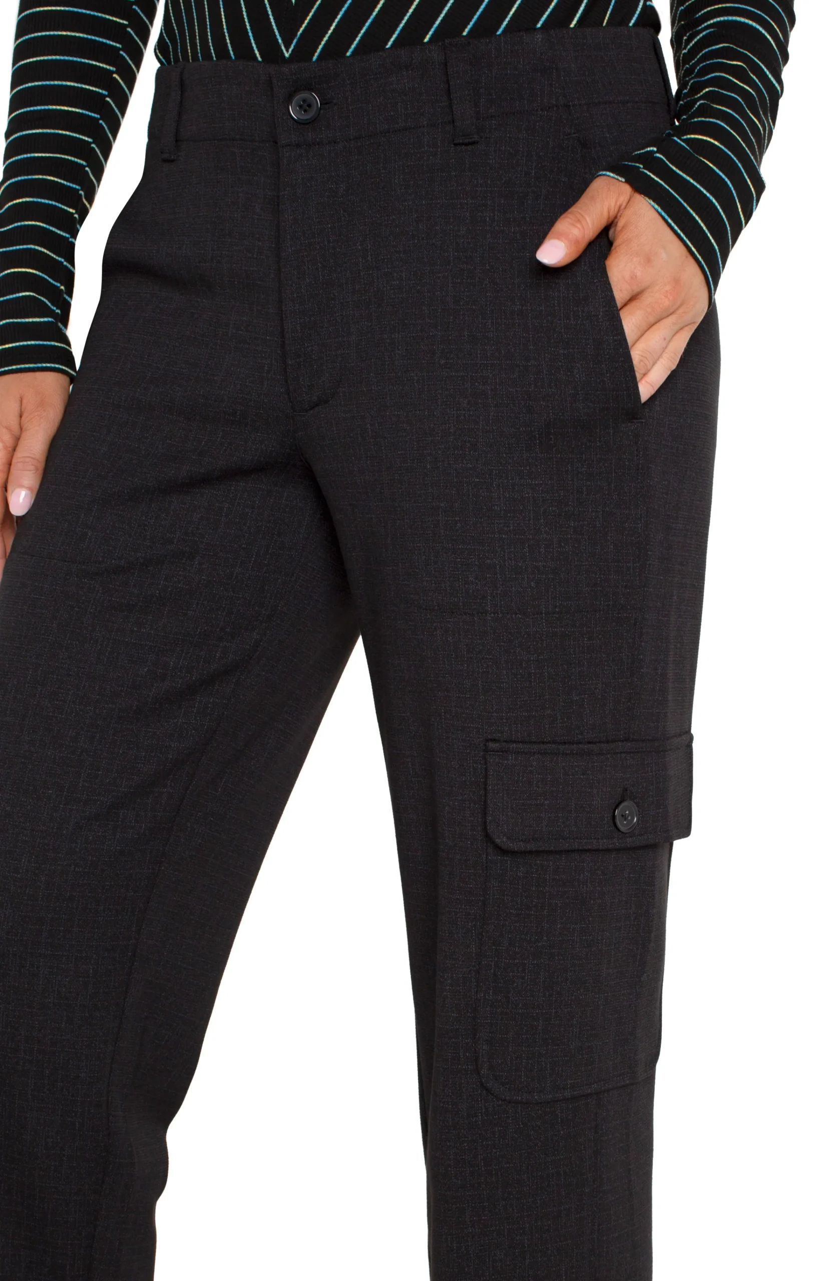 Liverpool Los Angeles Pants|Utility Pants-UTILITY CARGO CROP WITH TAB HEM Blackcrosshatch